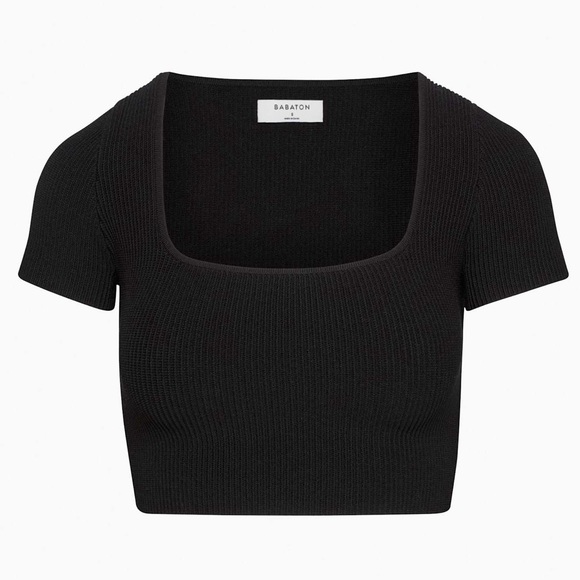 Babaton Tops - Aritzia Babaton Sculpt Knit Squareneck Top - Black Ribbed Short Sleeve Shirt